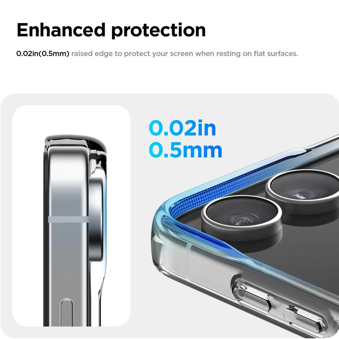 Klarer Case, Nahaufnahme, zeigt erhöhten Rand (0.5mm) um Kamera von Samsung Z Flip.