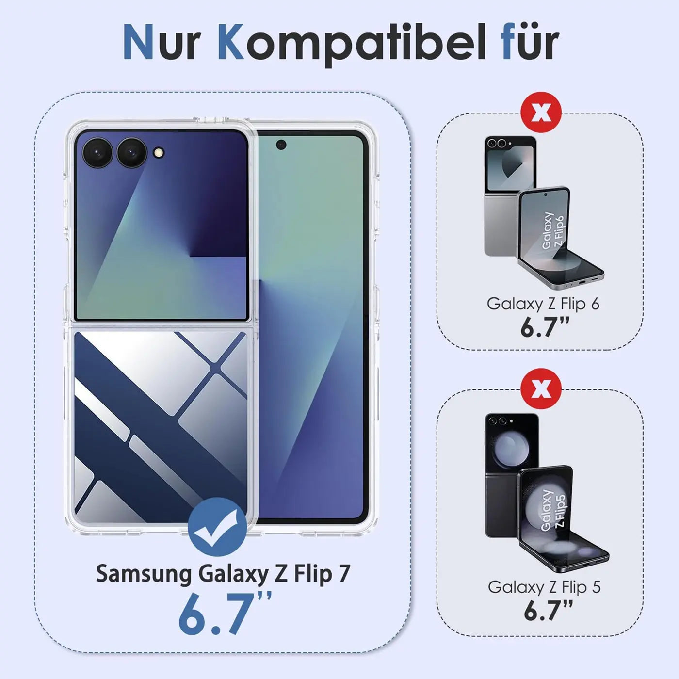 Samsung Galaxy Z Flip 7 in klarem Case, Vorderansicht. Nicht kompatibel mit Flip 6/5.