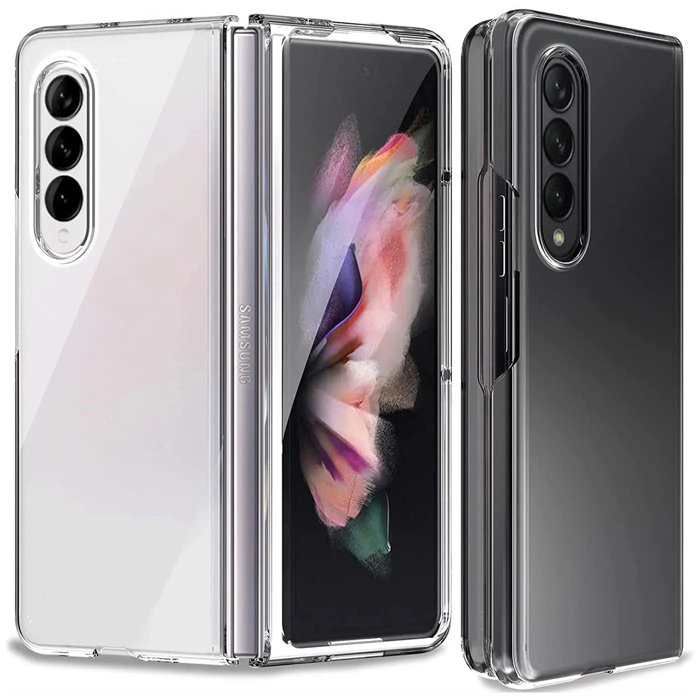 Samsung Galaxy Z Fold 3 in transparentem Klapp-Case, von vorne und Seite.