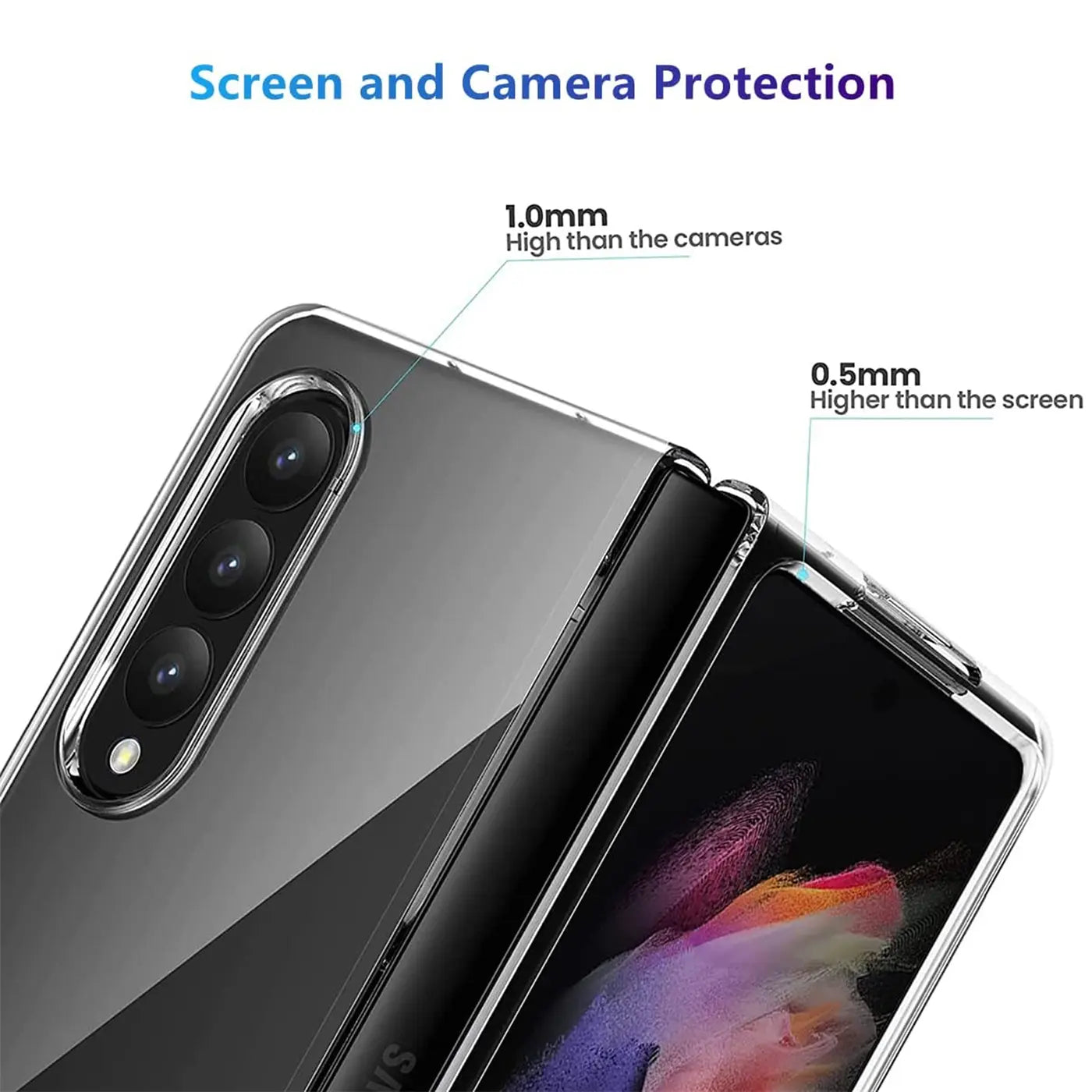 Klares, dünnes Case aus Kunststoff, das ein Samsung Galaxy Z Fold 3 zeigt. Nahaufnahme.