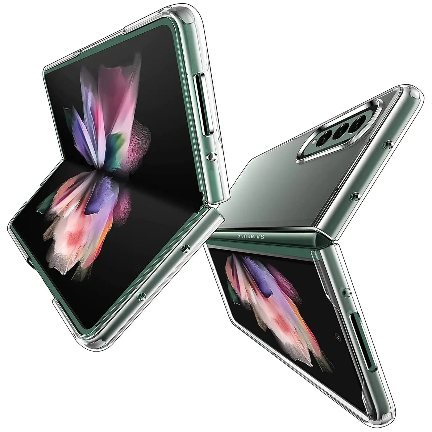 Samsung Galaxy Z Fold 3 in grünem Klarsicht-Case, von vorne und hinten, 3/4 Ansicht.