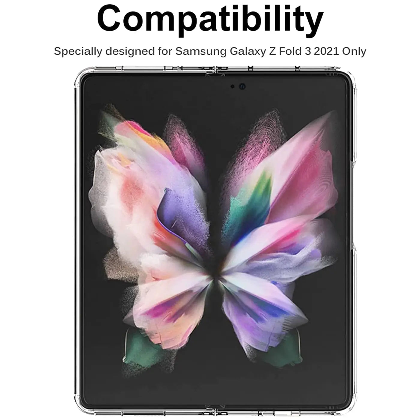 Klarer, transparenter Handyhülle aus Kunststoff, Vorderansicht, zeigt Samsung Galaxy Z Fold 3.