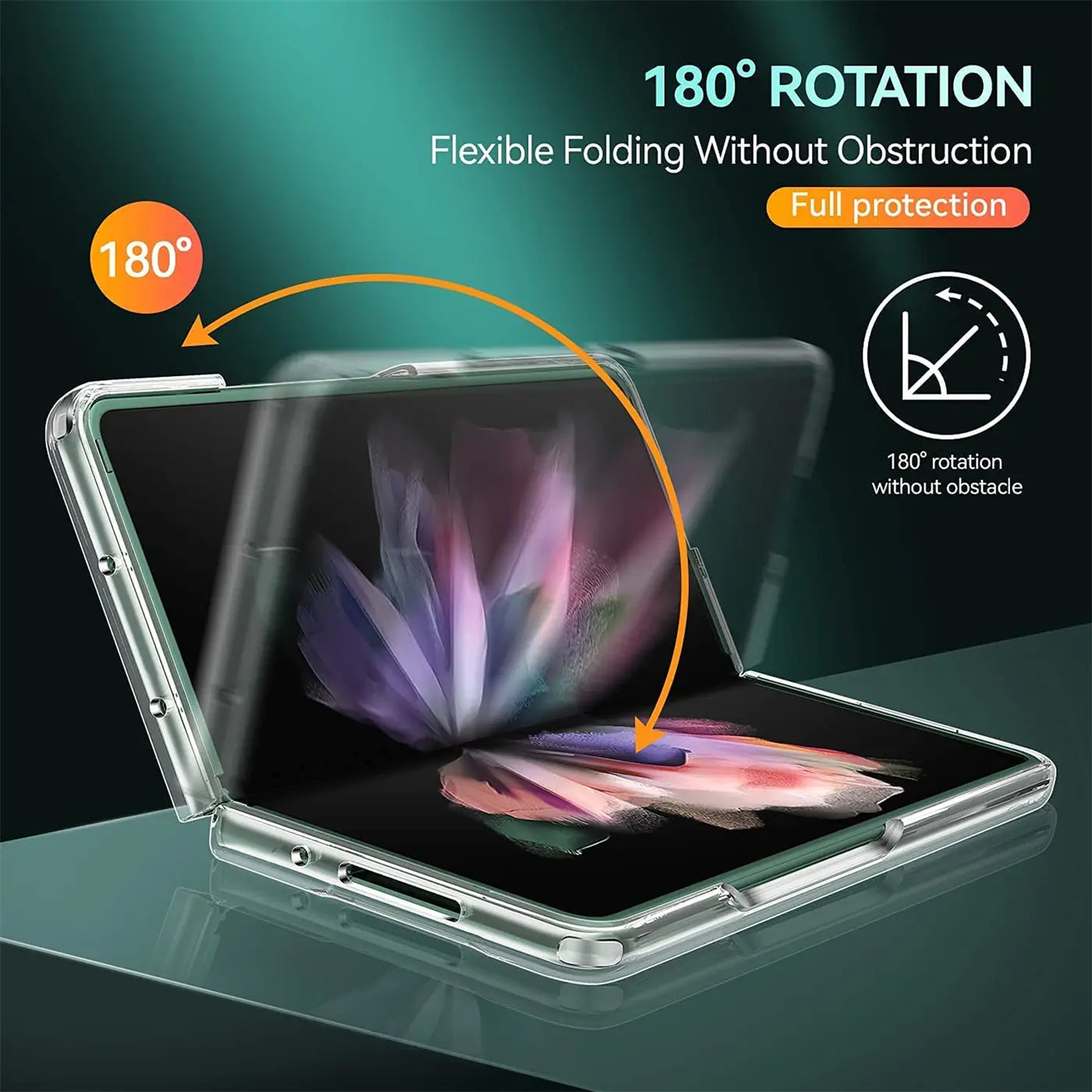 Klares, transparentes Case um ein Samsung Galaxy Z Fold 3, von vorne schräg.