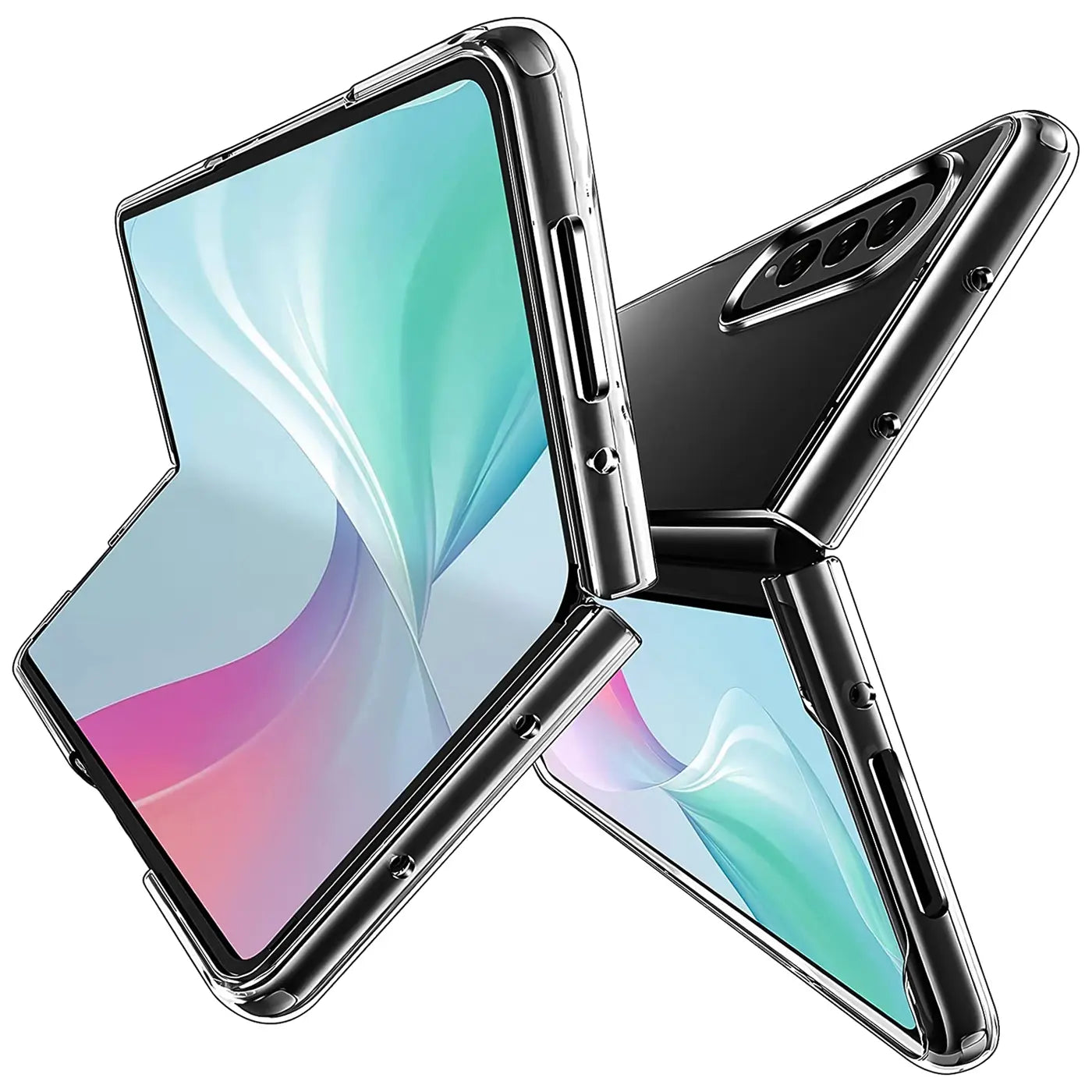 Klarer Handyhülle aus Kunststoff, von vorne/oben, zeigt Samsung Galaxy Z Fold 4.