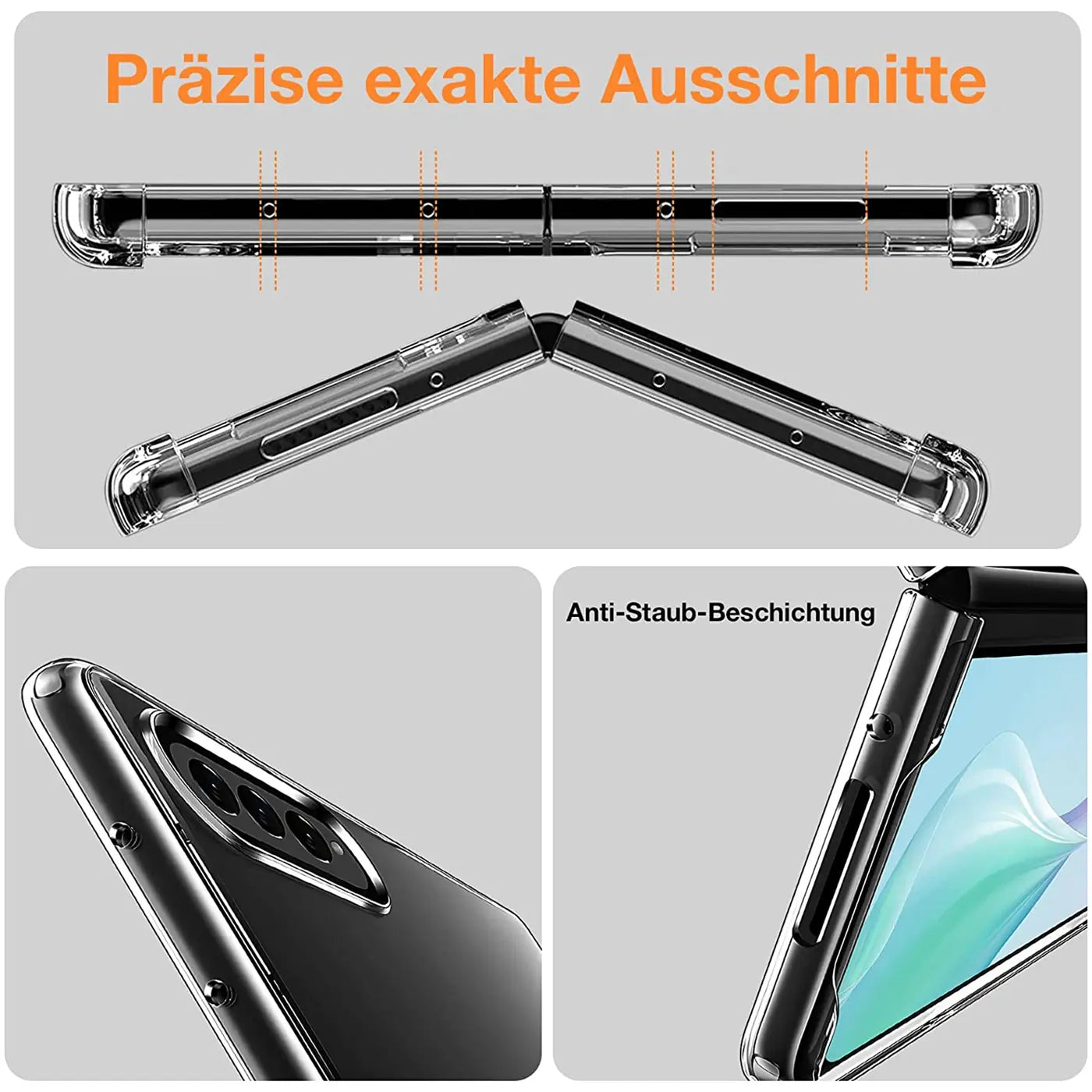 Klares, schlankes Case aus Kunststoff für Samsung Galaxy Z Fold 4, Nahaufnahme, Seitenansicht.