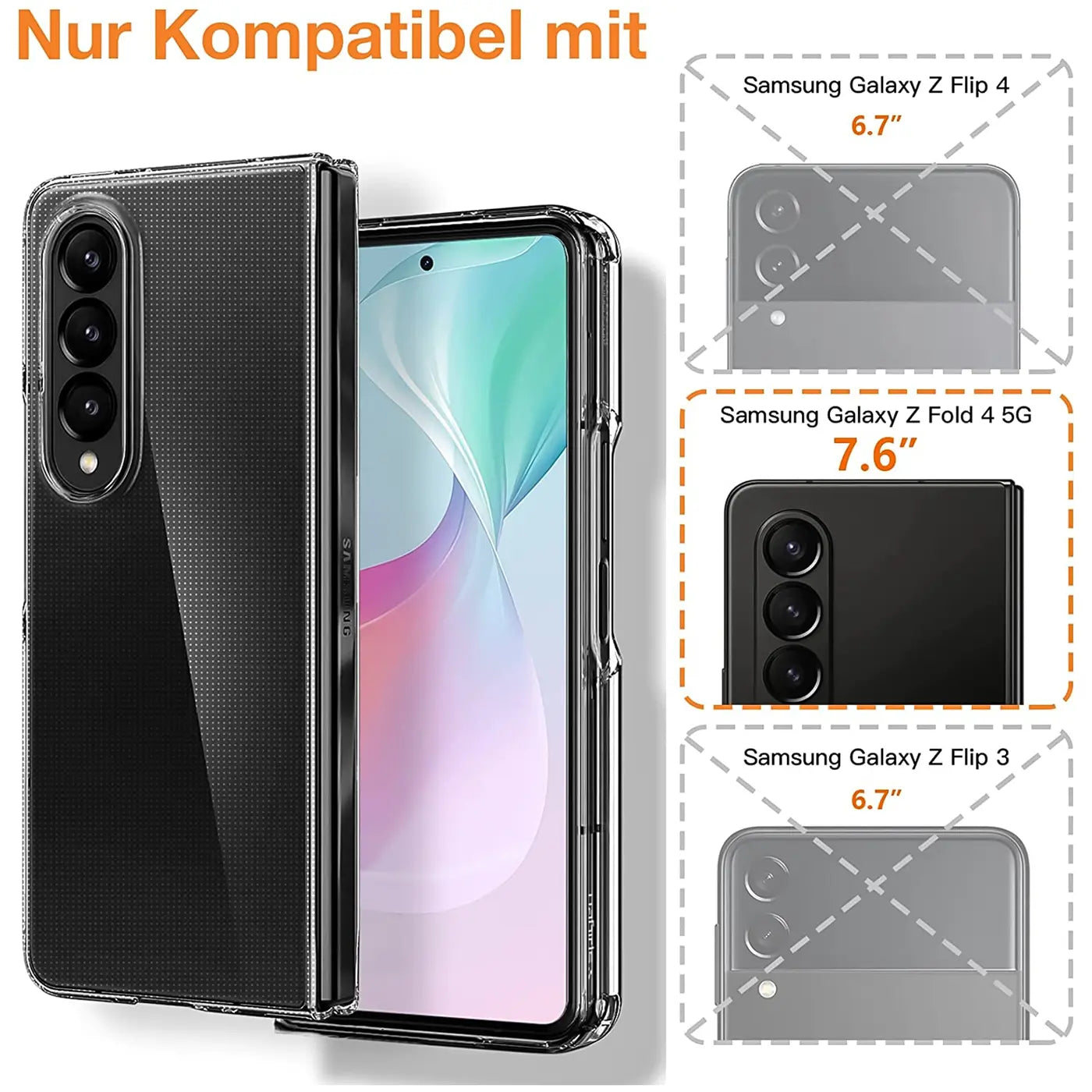 Klarer Slim Case mit Samsung Galaxy Z Fold 4, von vorne/seitlich, aus Kunststoff.