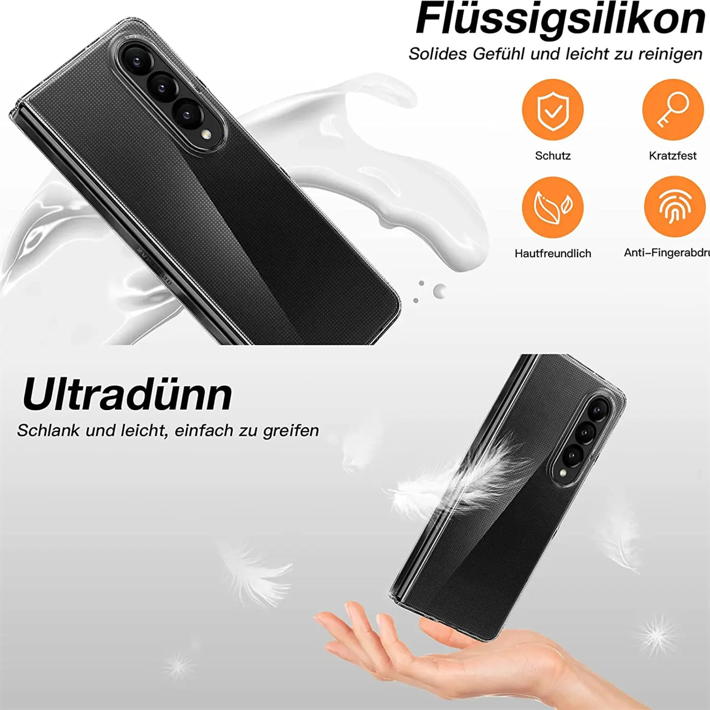 Klares, dünnes Silikon-Case für Samsung Galaxy Z Fold 4, von vorne und unten gezeigt.