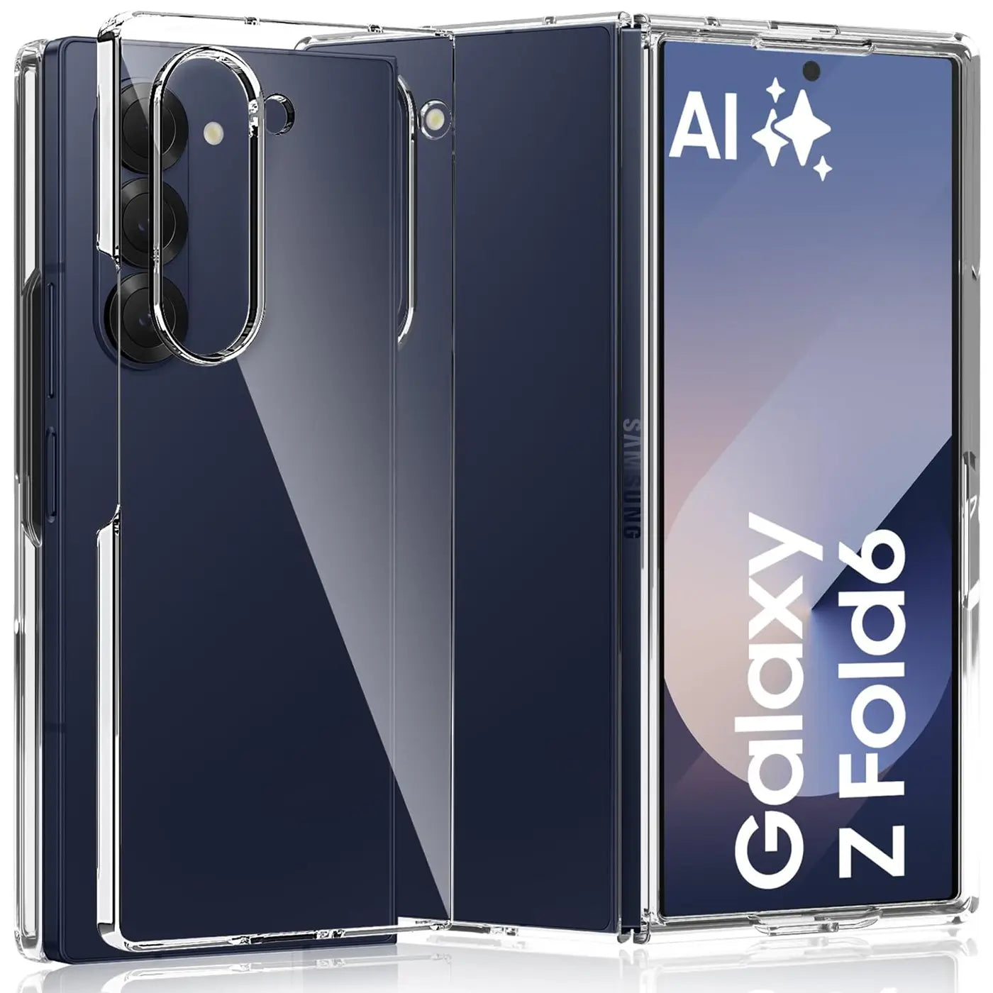 Klarhülle aus Kunststoff für Samsung Galaxy Z Fold 6, von vorne und hinten gezeigt.