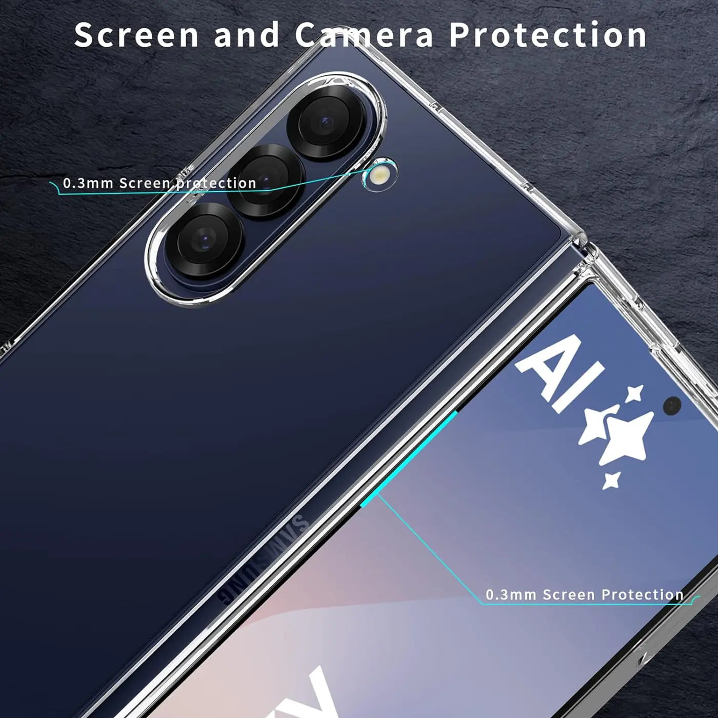 Klarhülle aus Kunststoff auf Samsung Galaxy Z Fold 6, Nahaufnahme, Rückseite mit Kameras.