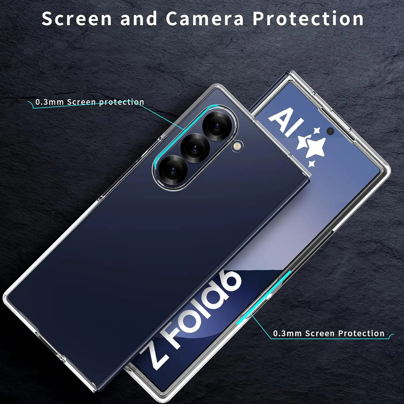 Samsung Galaxy Z Fold 6 mit transparenter Hülle, Nahaufnahme, Rückseite und Display sichtbar.
