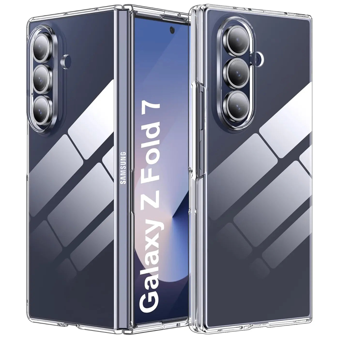 Samsung Galaxy Z Fold 7 in klarem, schlankem Case, Vorderansicht, Kameras auf Rückseite sichtbar.