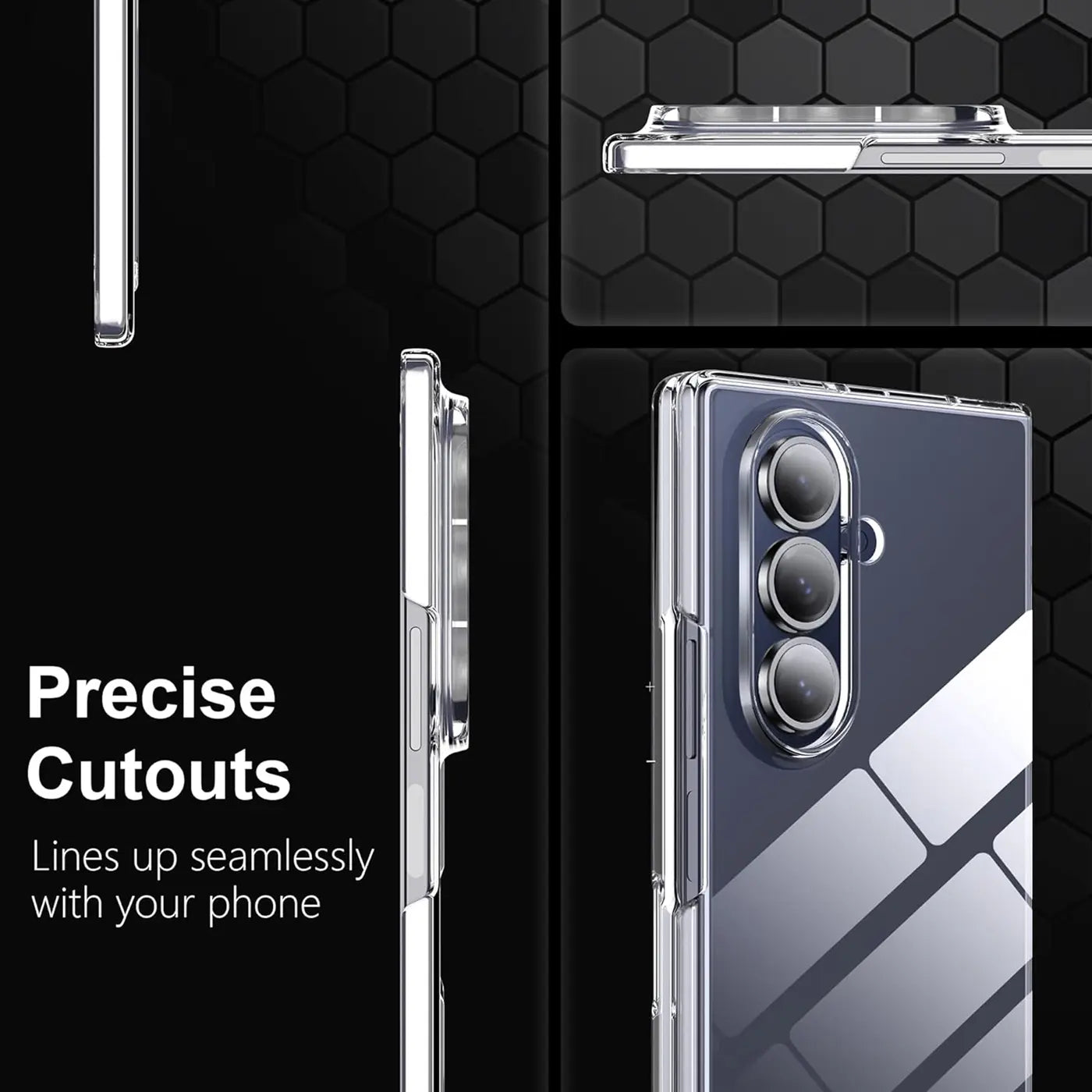Transparente Hülle aus Kunststoff, Nahaufnahme, zeigt Rückseite eines Samsung Galaxy Z Fold mit drei Kameras.