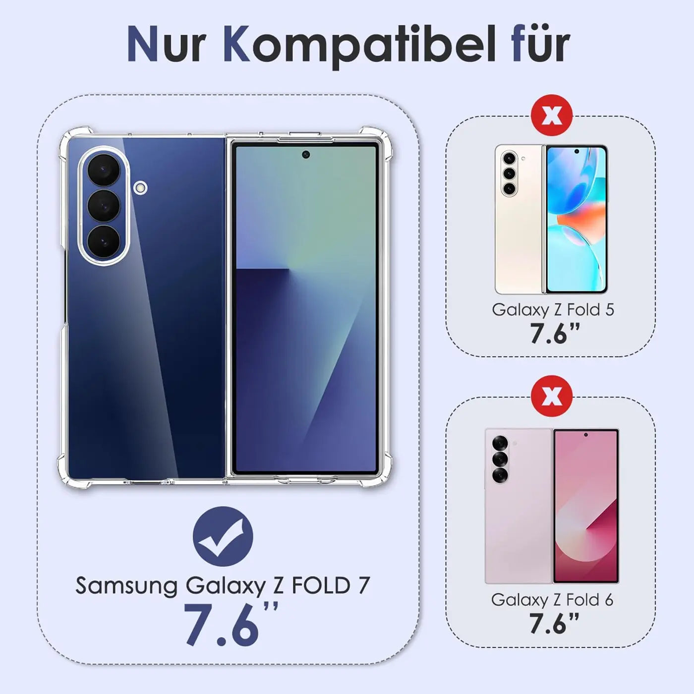 Samsung Galaxy Z Fold 7 (7.6") in klarem Case, Vorder- und Rückansicht. Nicht kompatibel mit Fold 5/6.