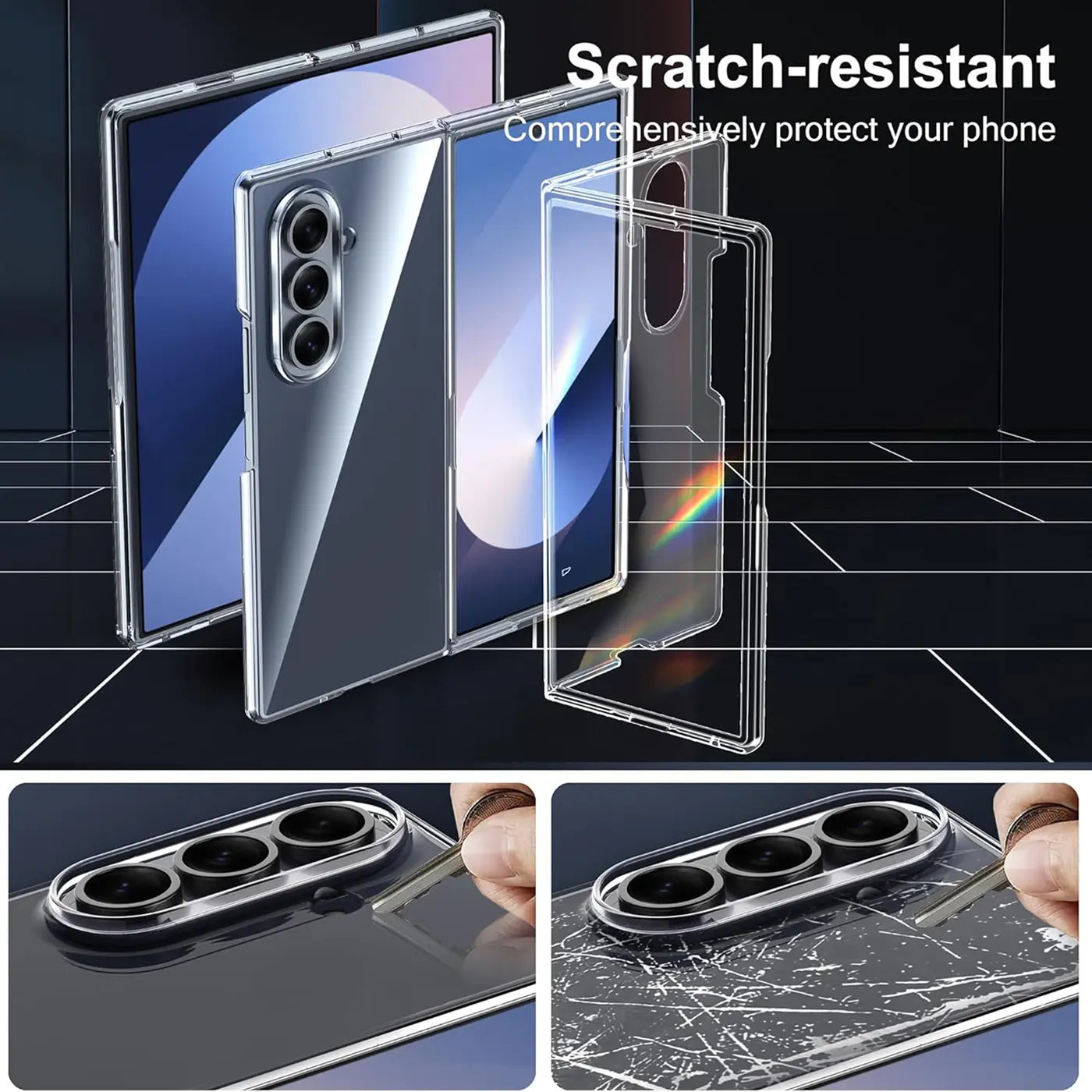 Klares, faltbares Handy-Case aus Kunststoff, zeigt Samsung Galaxy Z Fold 7, Nahaufnahme