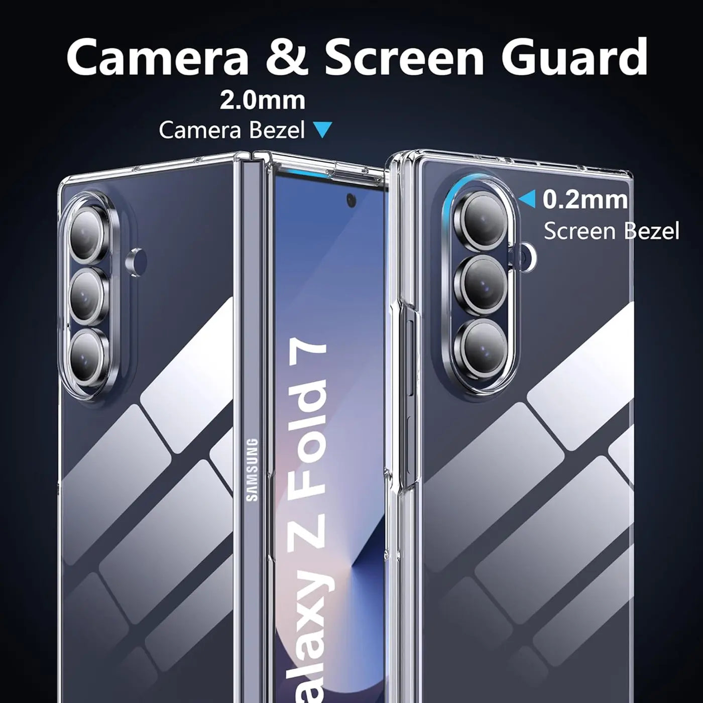 Klarhülle aus Kunststoff für Samsung Galaxy Z Fold 7, Rückseite mit drei Kameras, von vorne und hinten gezeigt.