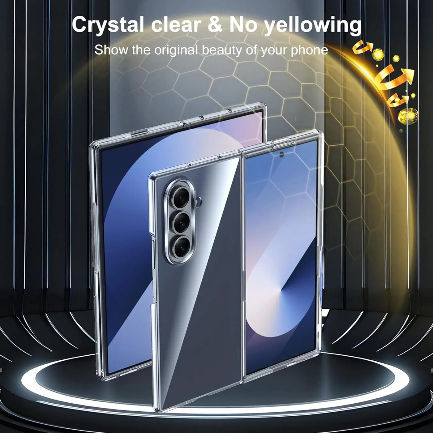 Klares, dünnes Handy-Case aus Kunststoff, zeigt ein Samsung Galaxy Z Fold. Von vorne.