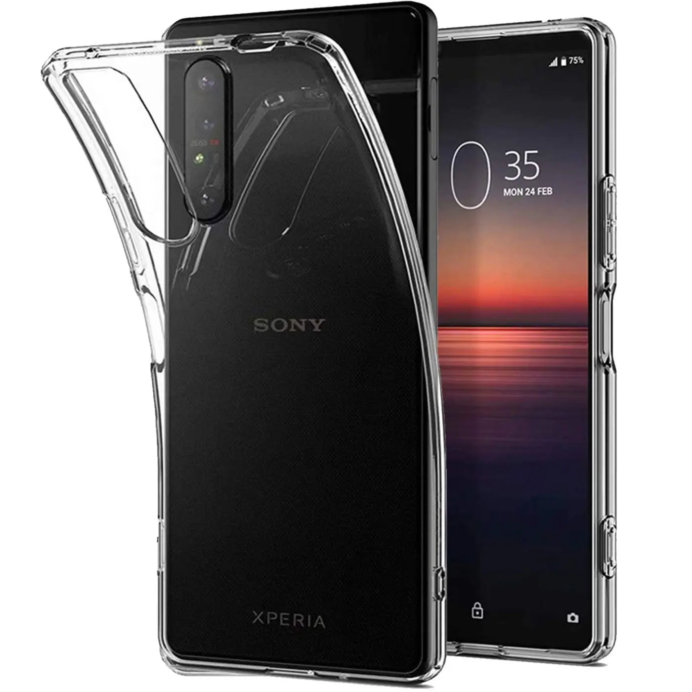 Klares Slim Case aus TPU um ein Sony Xperia 10 II, Rückansicht und Vorderansicht.