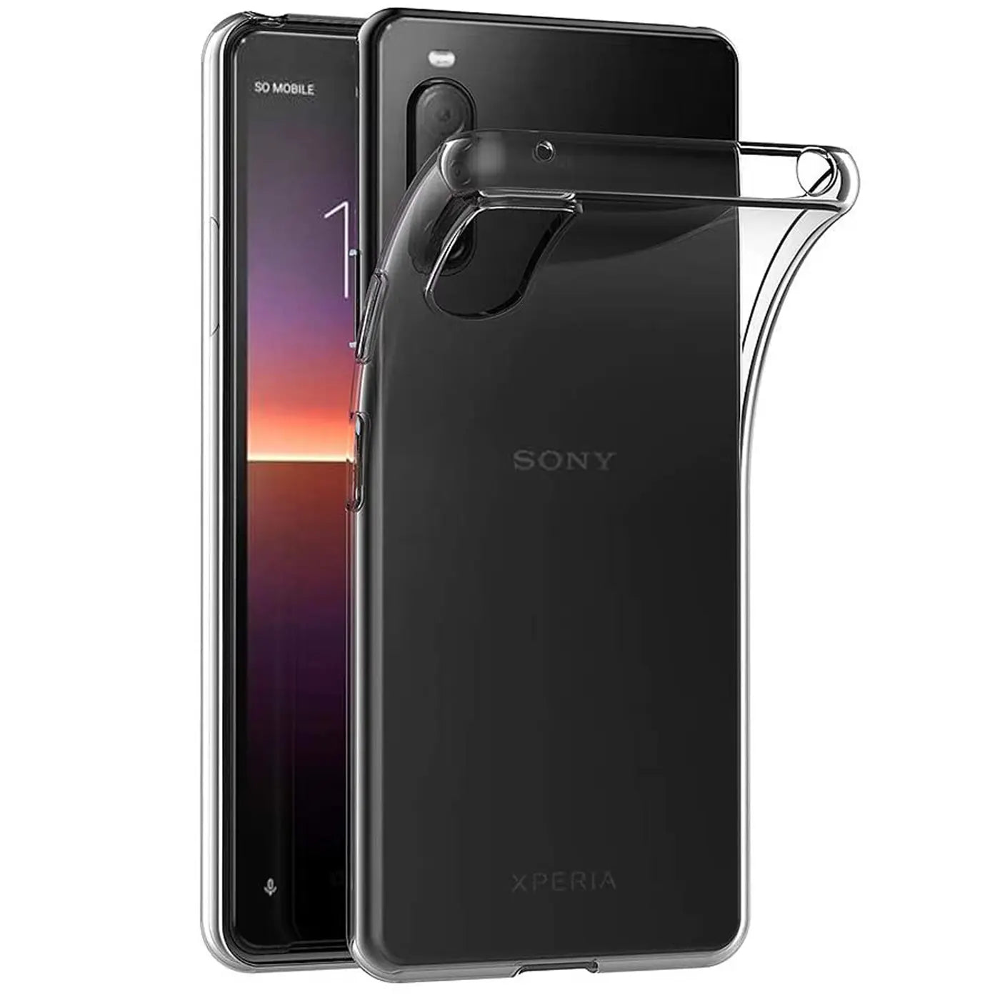 Klares Slim Case aus Kunststoff auf einem schwarzen Sony Xperia 10 II, von hinten gesehen.