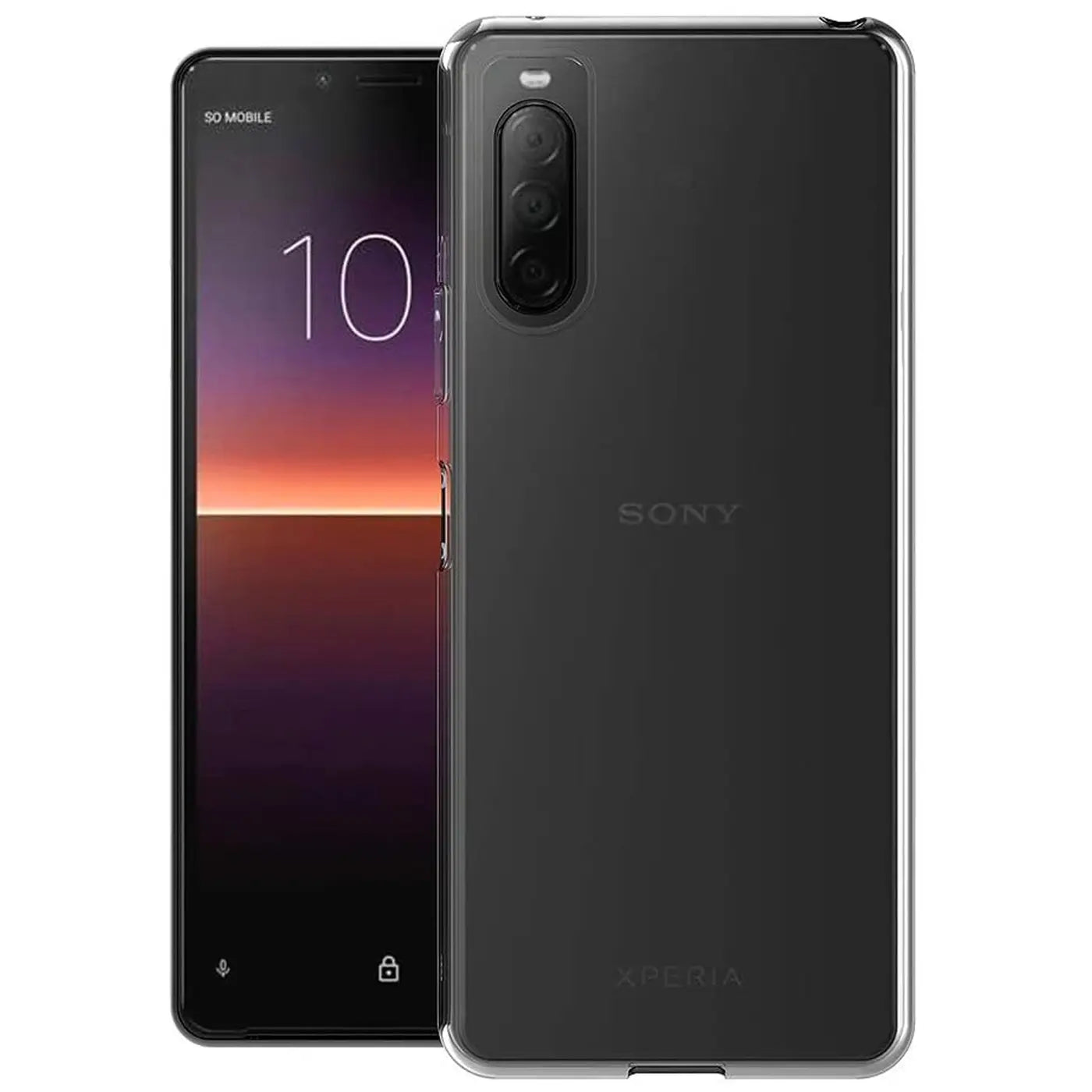 Sony Xperia 10 II mit transparentem Slim Case, Rückansicht und Vorderseite, aus Kunststoff.