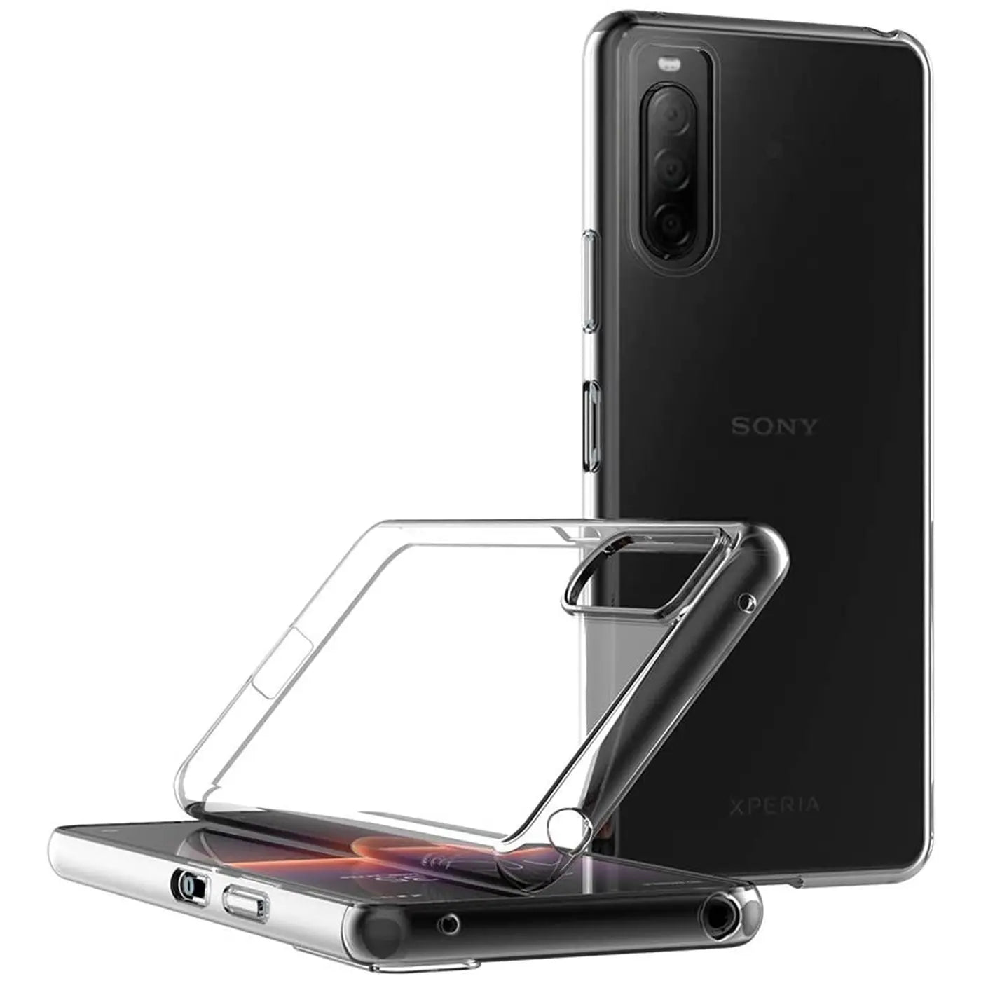 Klares Handyhülle aus Kunststoff, liegt auf einem Sony Xperia 10 II.