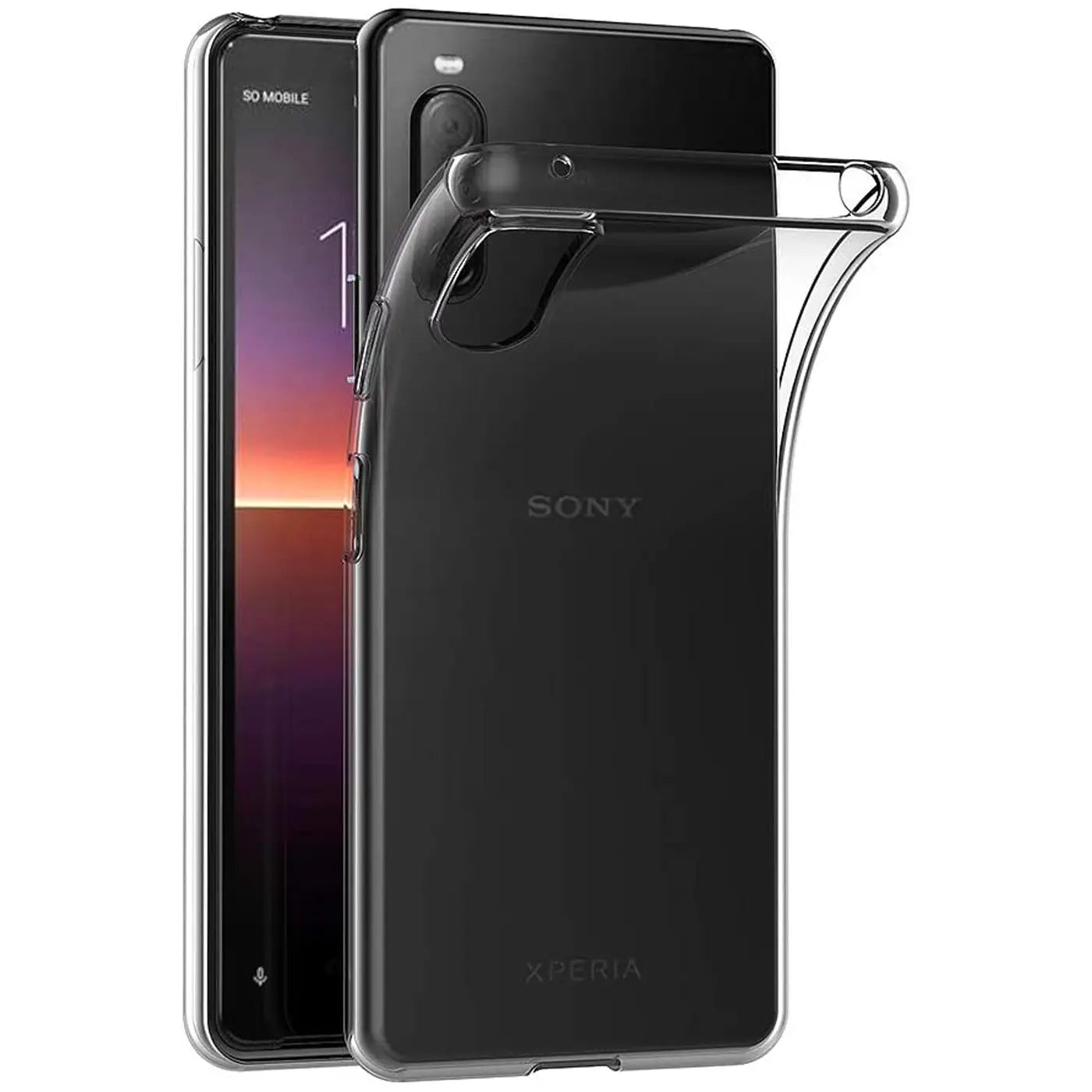 Klares, flexibles Handyhülle aus TPU, wird auf ein schwarzes Sony Xperia 10 III aufgesetzt.