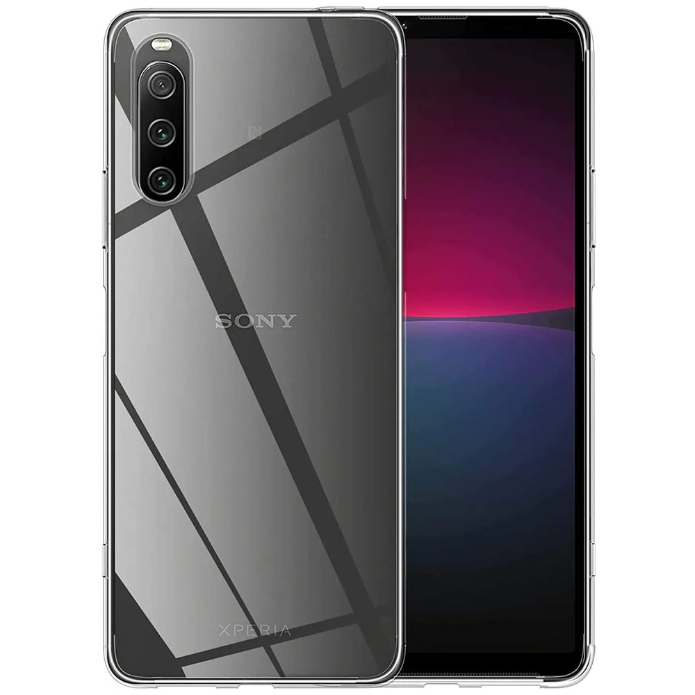 Klar, transparentes Handy-Case mit Sony Xperia 10 IV, Rückseite und Vorderseite sichtbar.