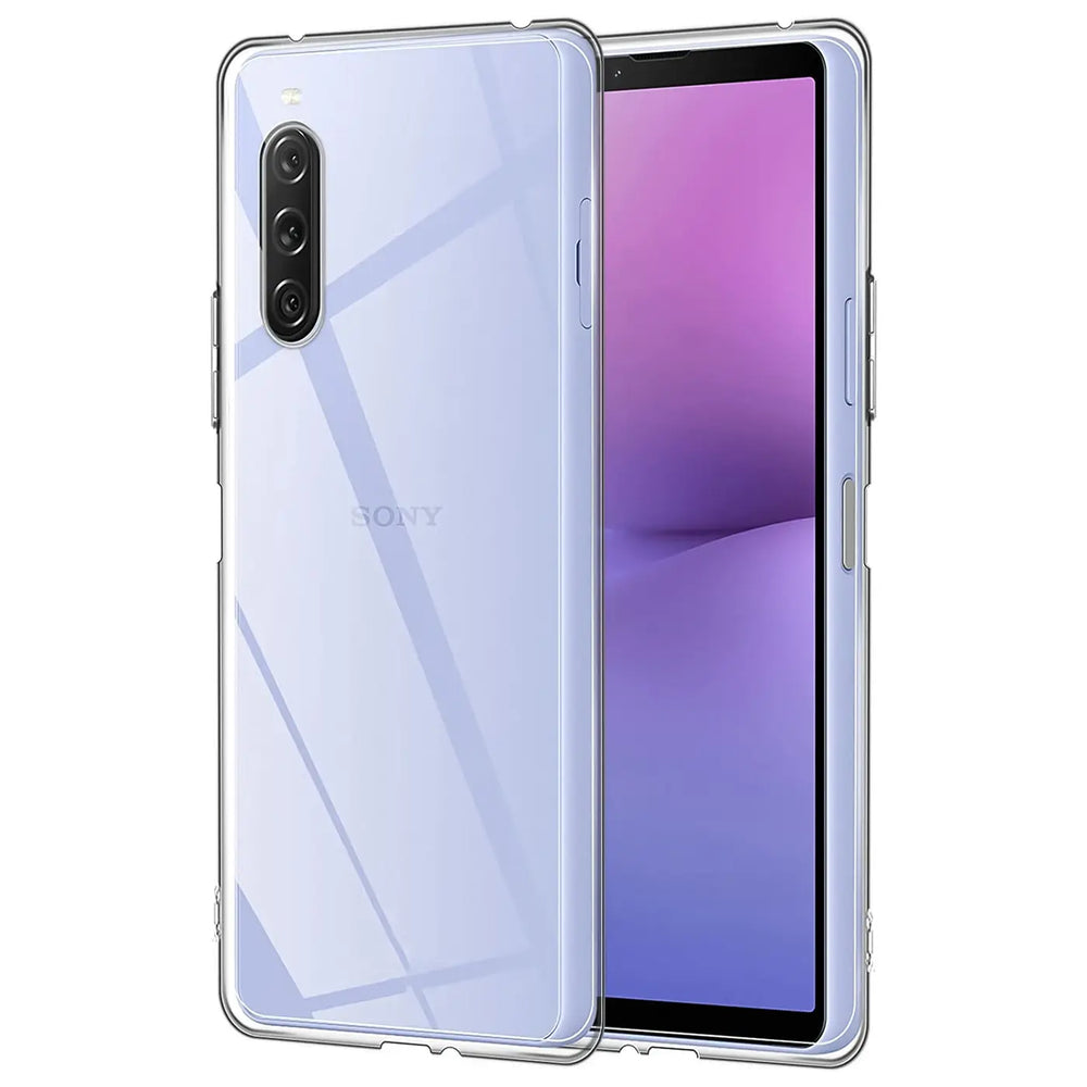 Klares Slim Case aus Kunststoff auf einem Sony Xperia 10 V, von schräg oben.