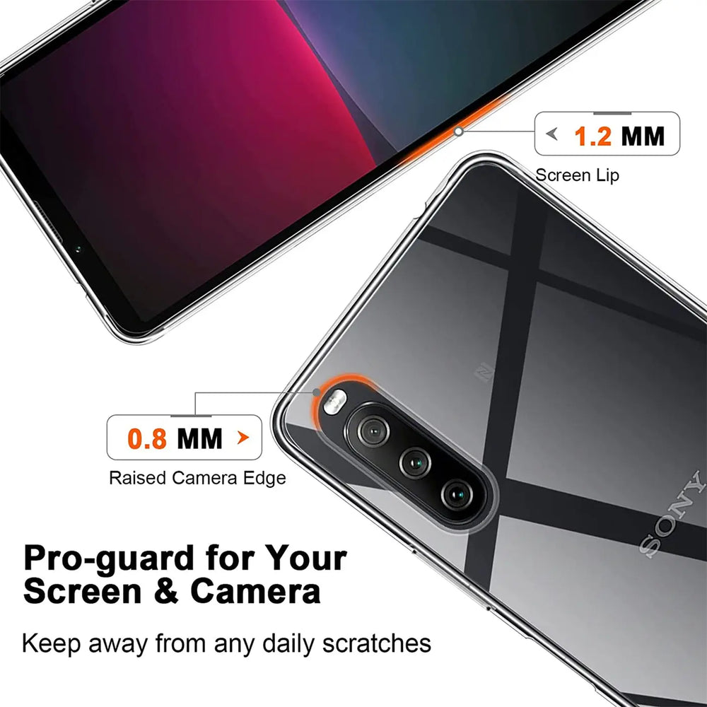 Klares Slim Case aus Kunststoff auf Sony Xperia 10 V, Rückansicht mit Kamera, Nahaufnahme.