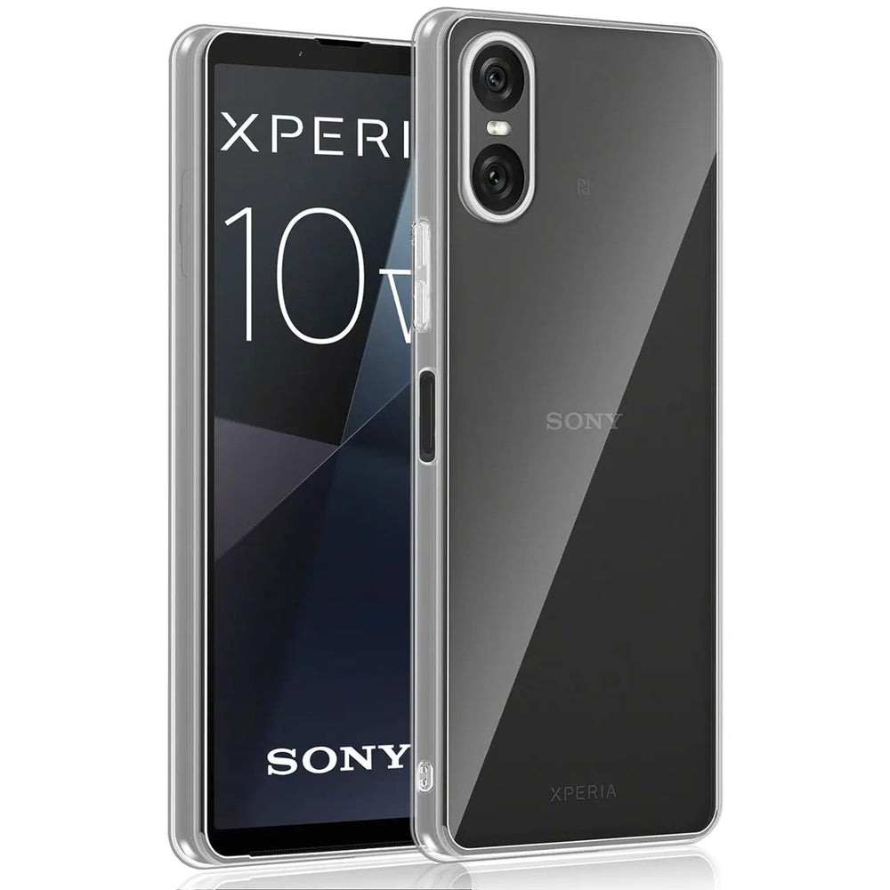 Sony Xperia 10 VI in klarem, transparentem Silikon-Case, von vorne und hinten gezeigt.