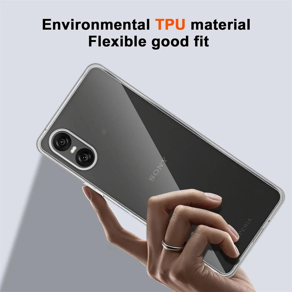 Klares TPU-Case, das ein Sony Xperia 10 VI von schräg oben zeigt.
