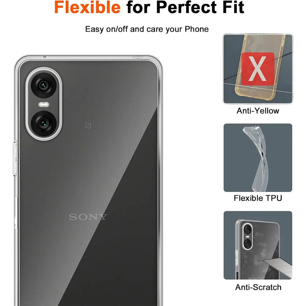 Sony Xperia 10 VI mit transparentem TPU-Case, Rückansicht, Nahaufnahme.