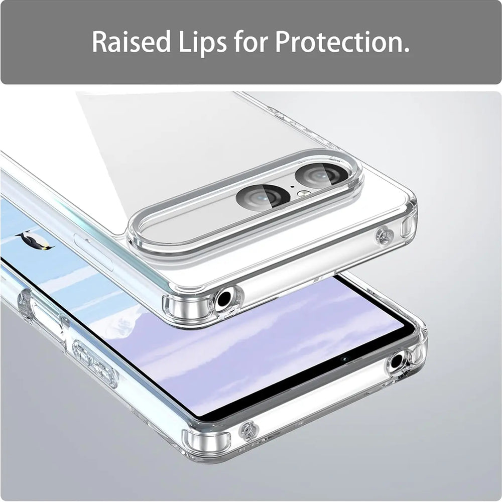 Klar, transparentes Slim Case aus Kunststoff, Nahaufnahme, zeigt Sony Xperia 10 VII.