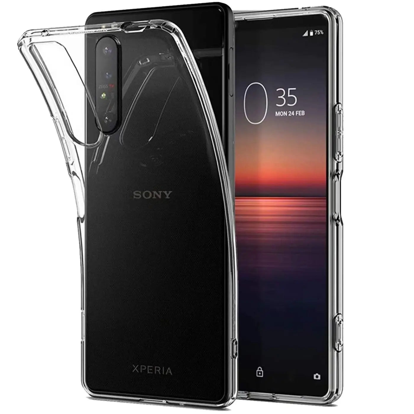 Klar, transparentes TPU-Case auf Sony Xperia 1 II, Rückseite und Seite sichtbar.
