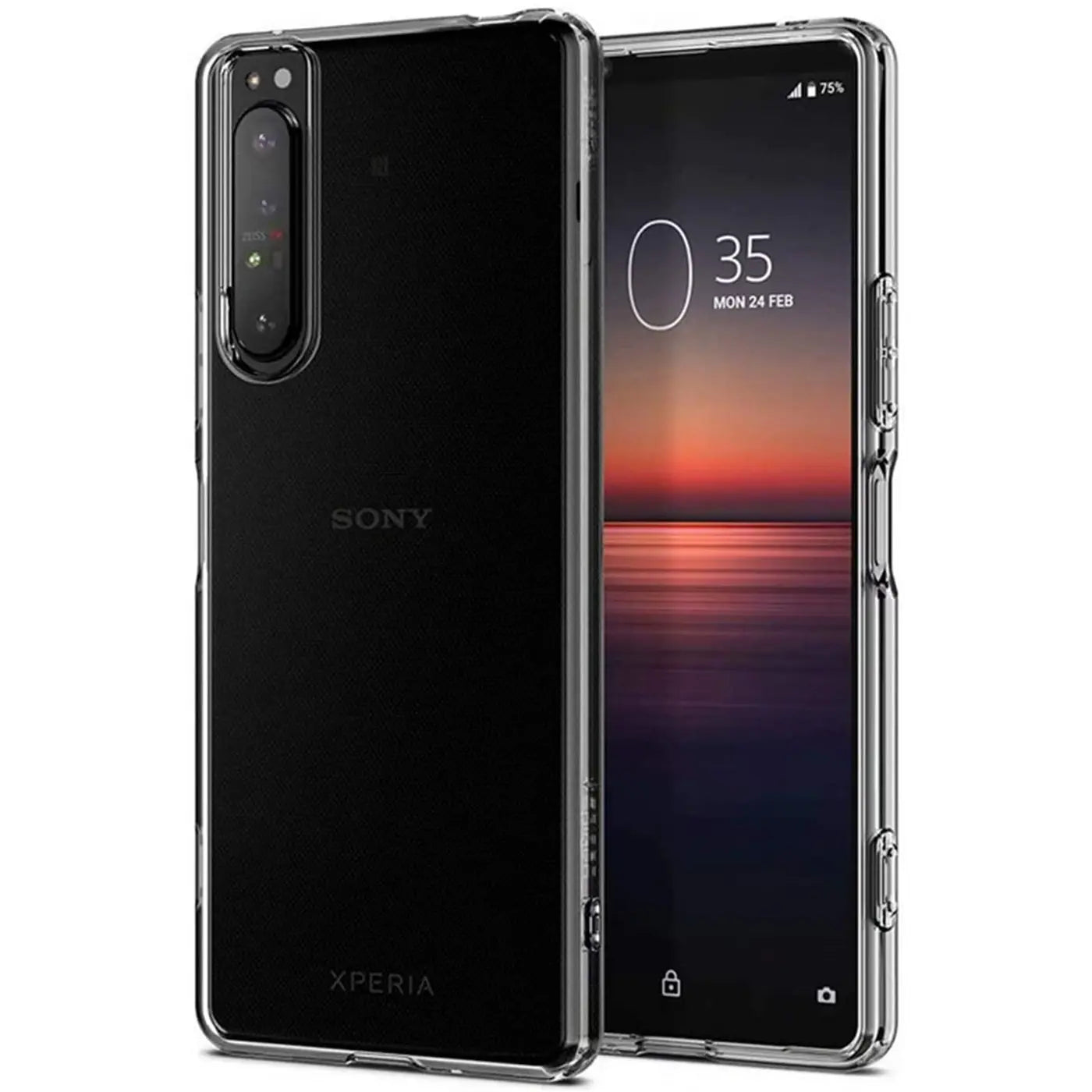 Klares, transparentes Handyhülle aus Kunststoff, zeigt Sony Xperia 1 II von vorne und hinten.