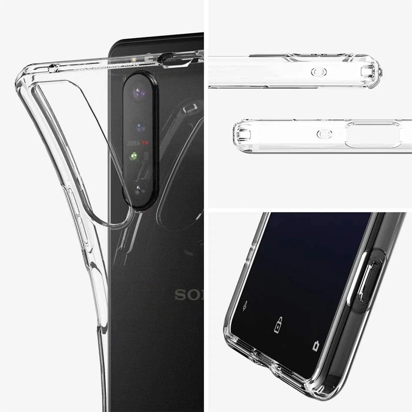 Klarhülle aus Kunststoff, zeigt Sony Xperia 1 II Rückseite und Seitenansicht.