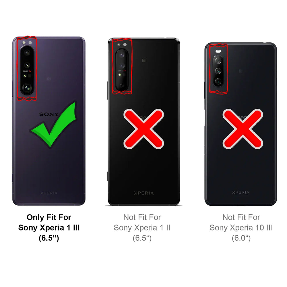 Rückseiten von drei Sony Xperia-Handys: links passend, rechts nicht passend.