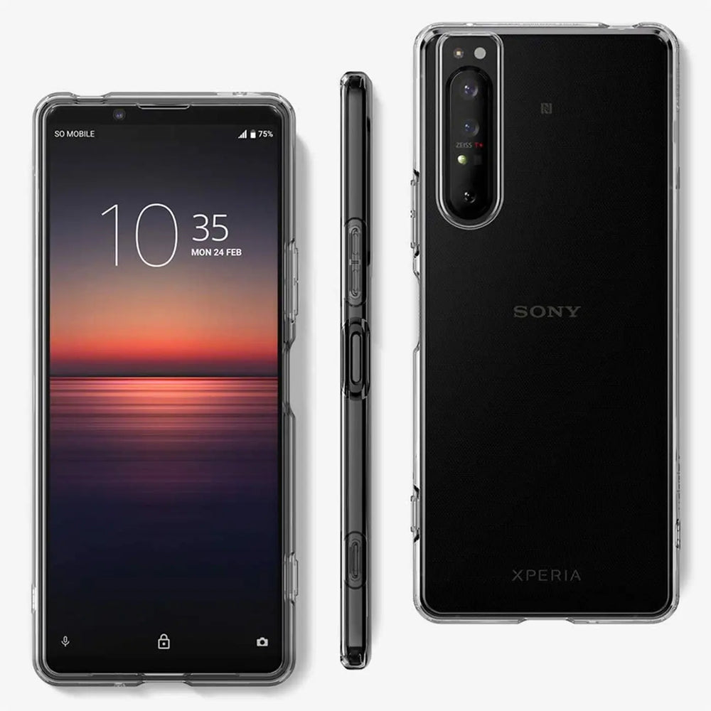 Sony Xperia 1 III in klarem, dünnem Case, Vorder-, Seiten- und Rückansicht.