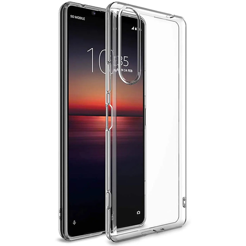 Klares, transparentes Handyhülle aus Kunststoff, seitliche Ansicht, mit Sony Xperia 1 III.