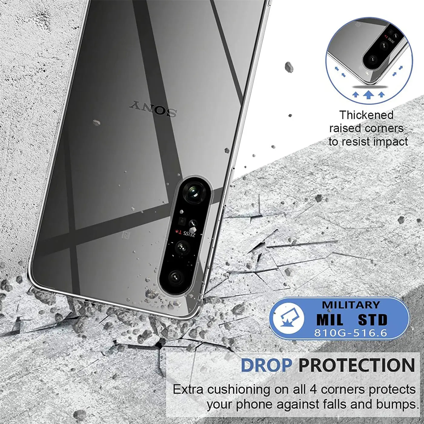 Sony Xperia 1 IV, transparent, Nahaufnahme, Rückseite, Kameras, Beton-Hintergrund