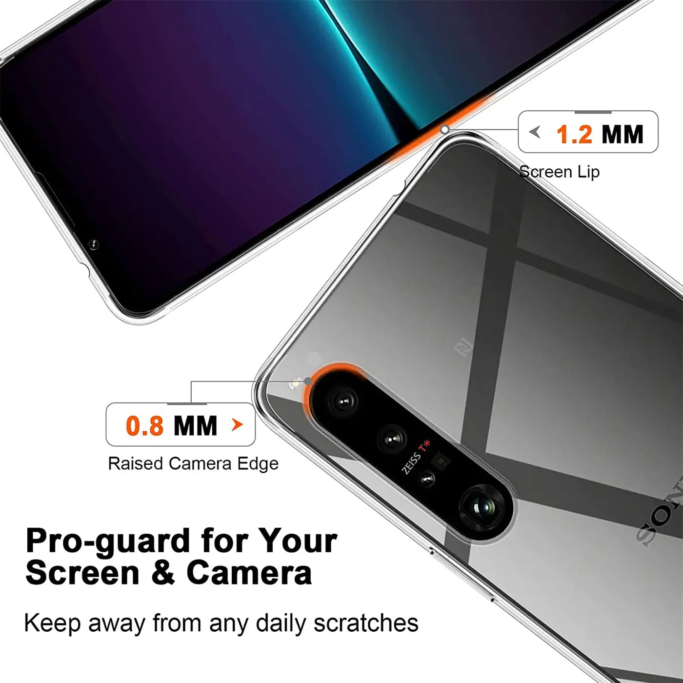Klar, transparentes Case auf Sony Xperia 1 IV, Rückseite und Bildschirmansicht.