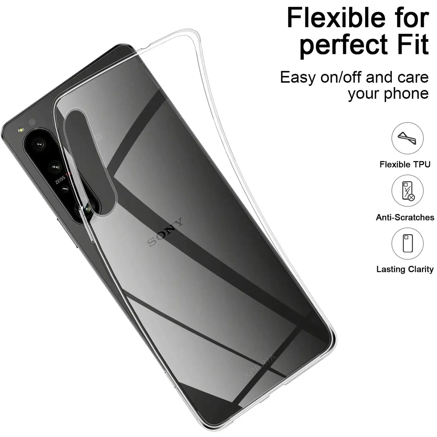 Klares TPU-Case auf einem Sony Xperia 1 IV, von schräg oben gezeigt.
