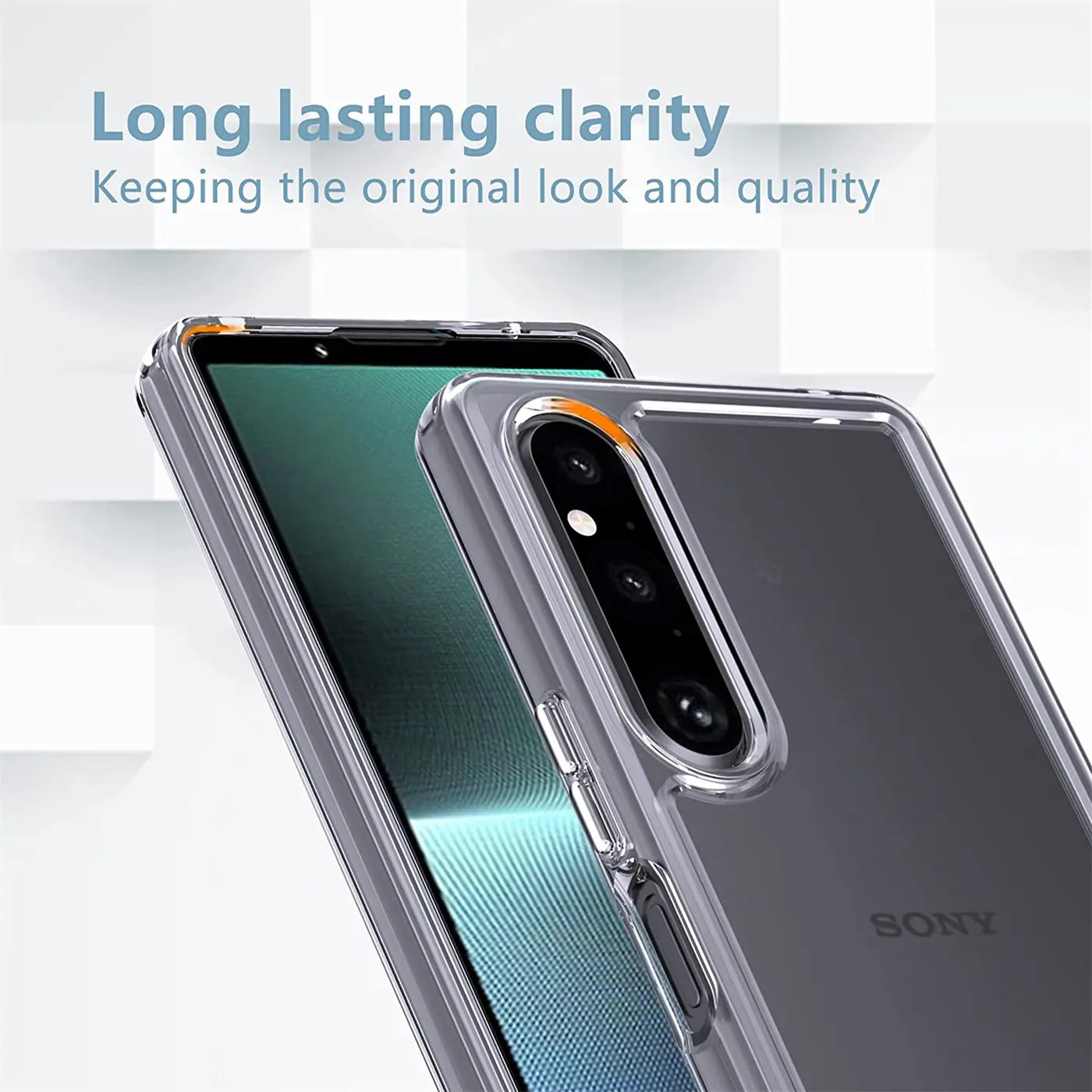 Sony Xperia 1 V mit klarem, transparentem Case, von schräg oben.