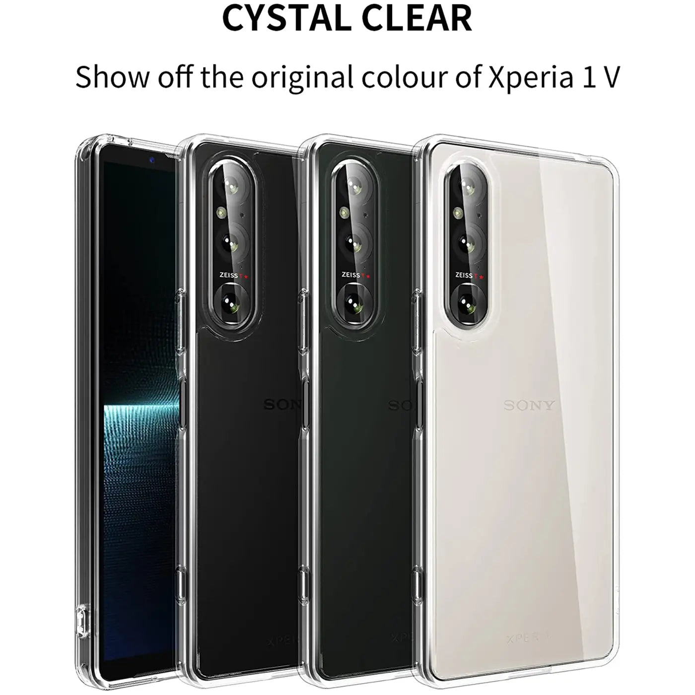 Vier Sony Xperia 1 V Hüllen, transparent, aus Kunststoff, von vorne seitlich.