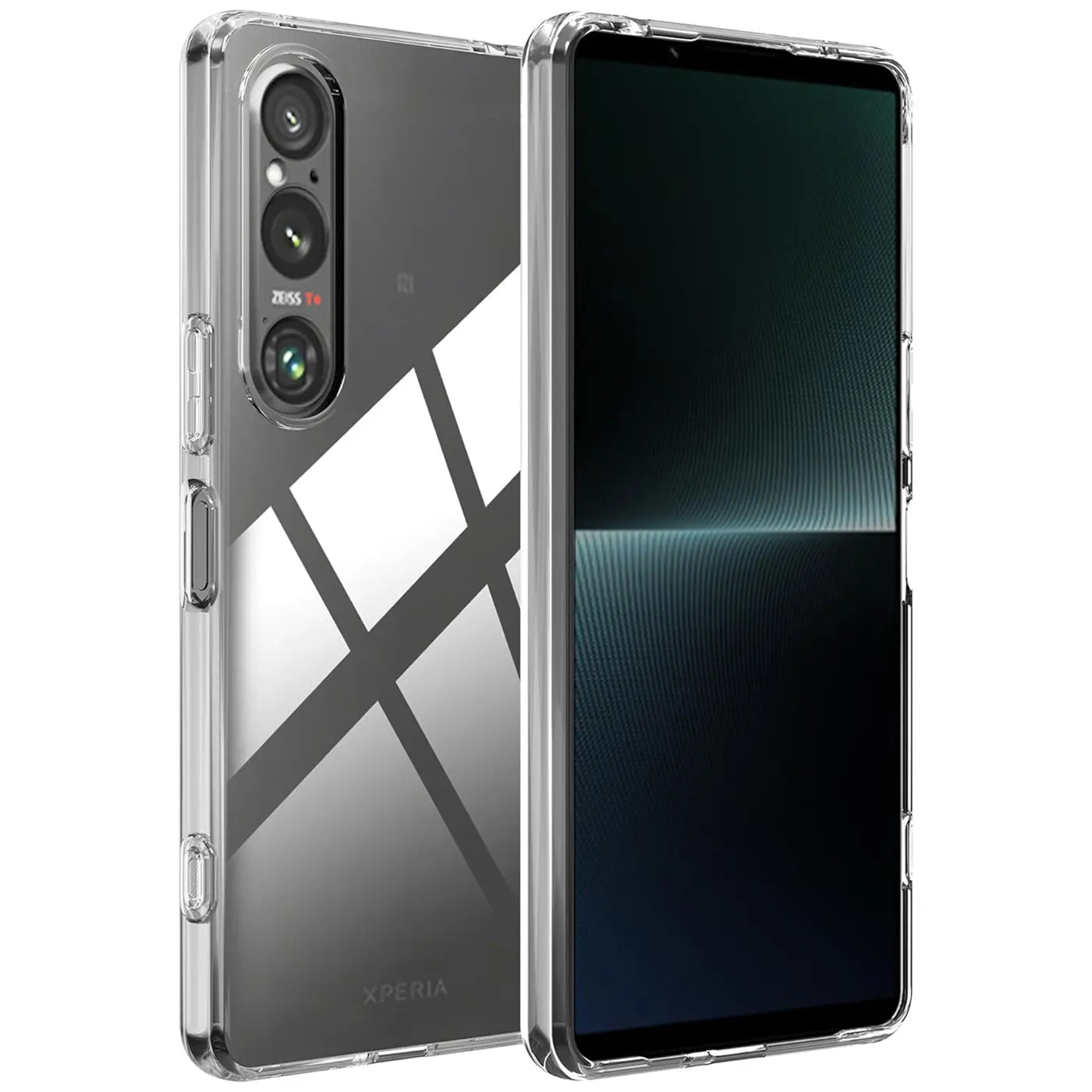 Klares Slim Case aus Kunststoff für Sony Xperia 1 VI, Rückseite und Vorderseite von vorne links
