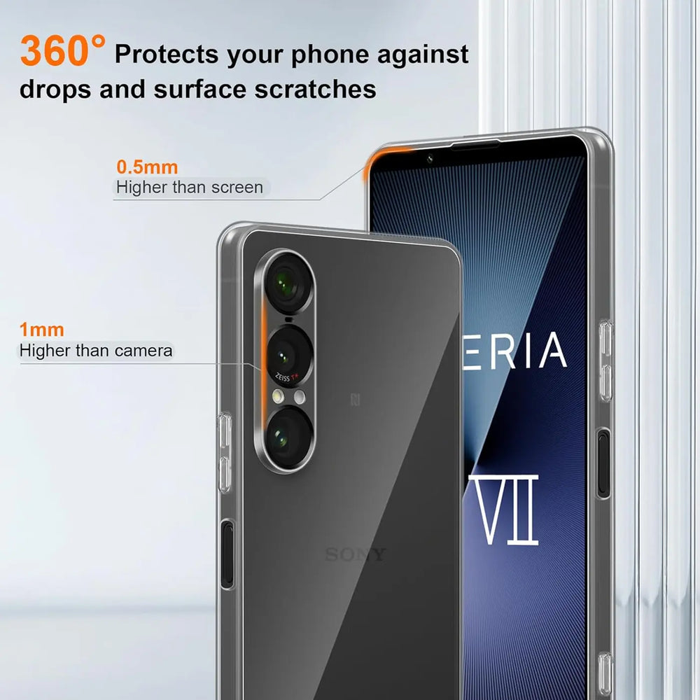 Klares Slim Case aus Kunststoff, zeigt Rückseite und Vorderseite eines Sony Xperia 1 VII.