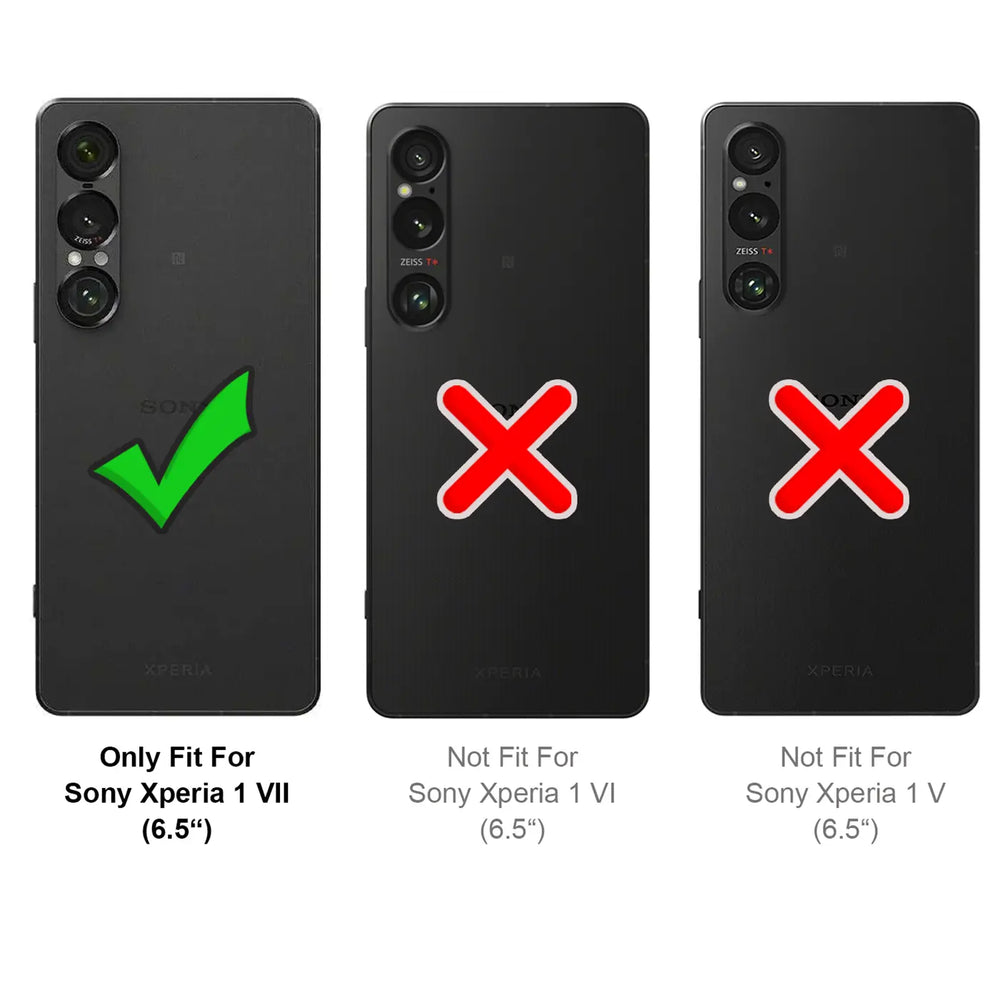 Drei schwarze Sony Xperia-Smartphones, Rückansicht. Links mit grünem Haken, Mitte/rechts mit rotem X.