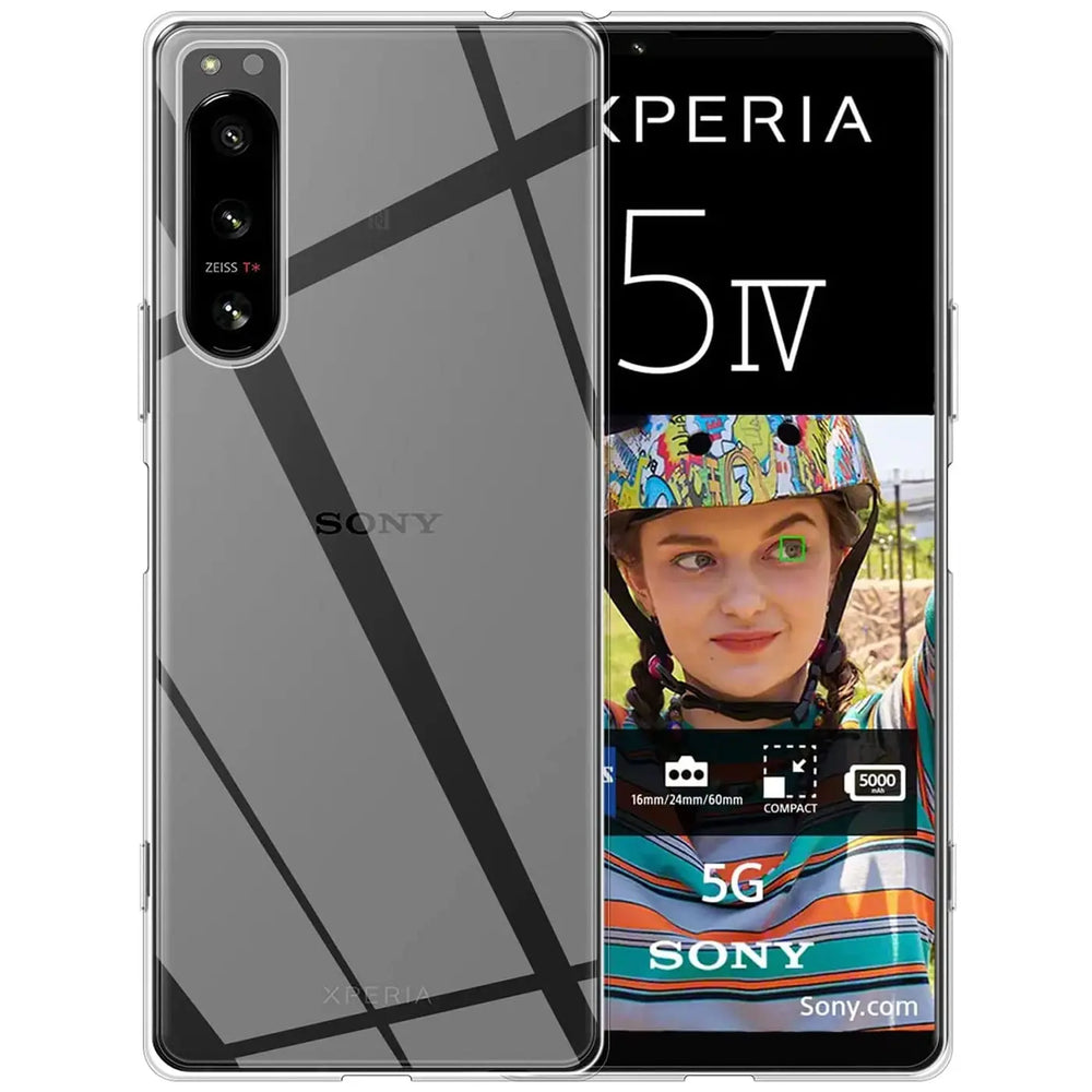 Klares, transparentes Handyhülle mit schwarzem Muster auf Sony Xperia 5 IV, Vorderansicht.