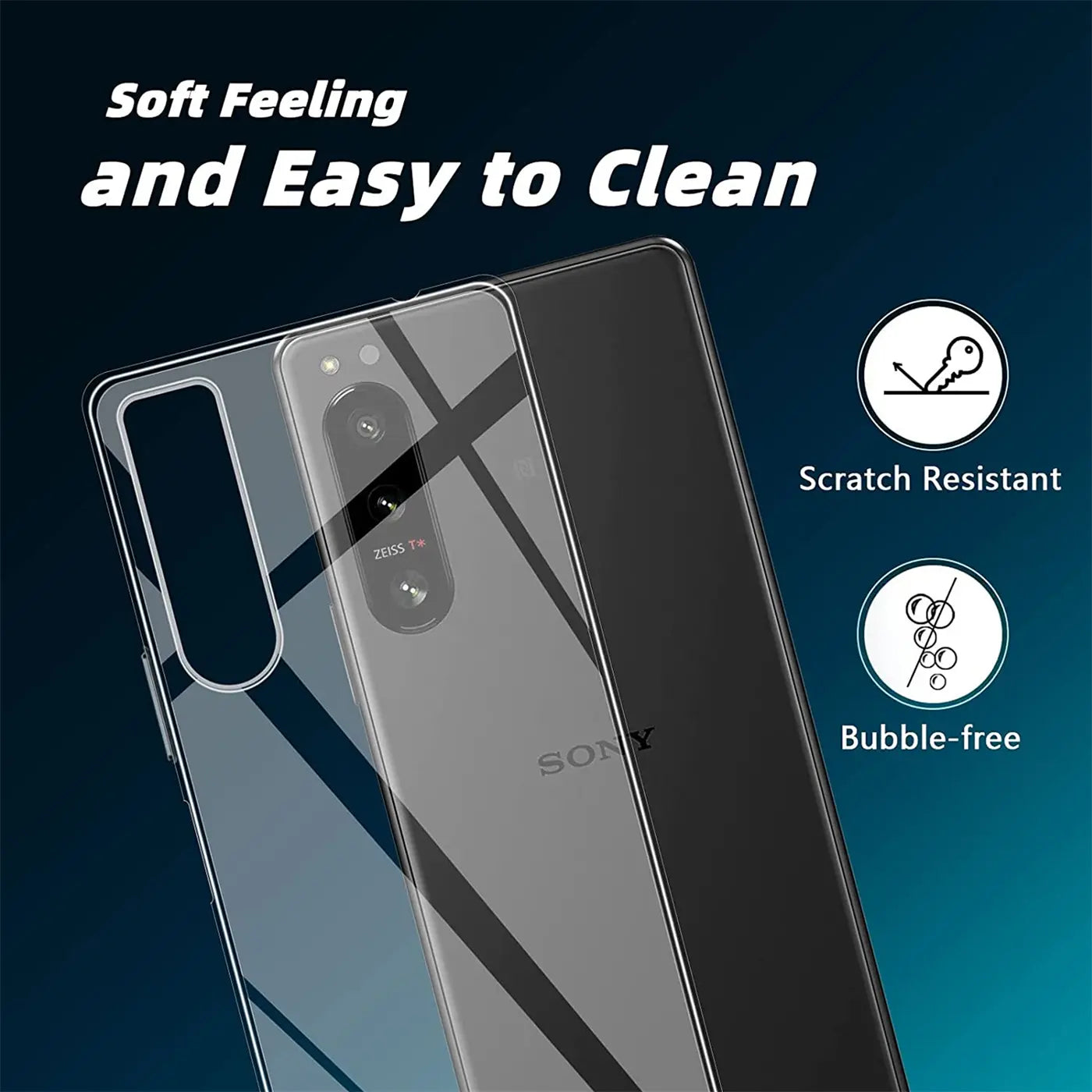 Sony Xperia 5 IV in klarem, flexiblem Case, Rückseite mit Kamera, von schräg oben.
