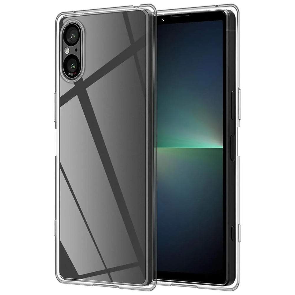 Klares, schlankes Handyhülle aus Kunststoff, zeigt Rückseite und Vorderseite eines Sony Smartphones.