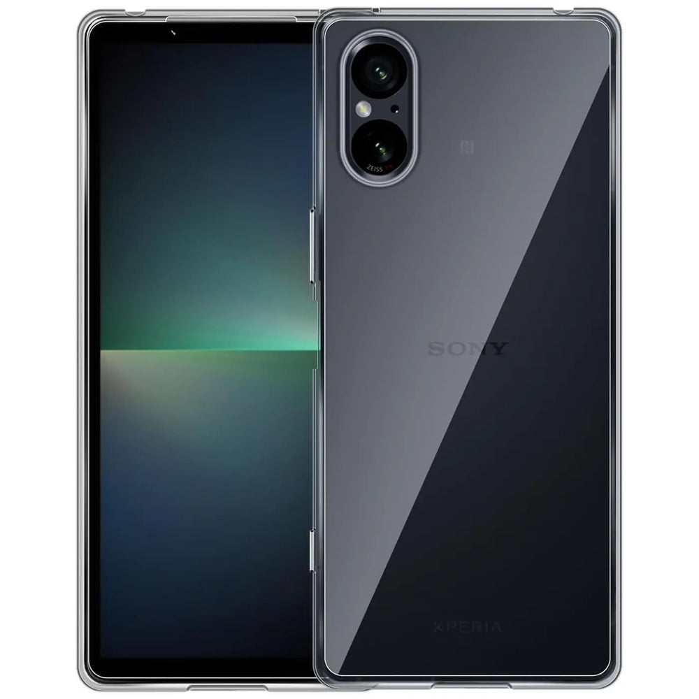 Klar transparente Handyhülle aus Kunststoff, von hinten/oben, auf Sony Xperia 5 V.